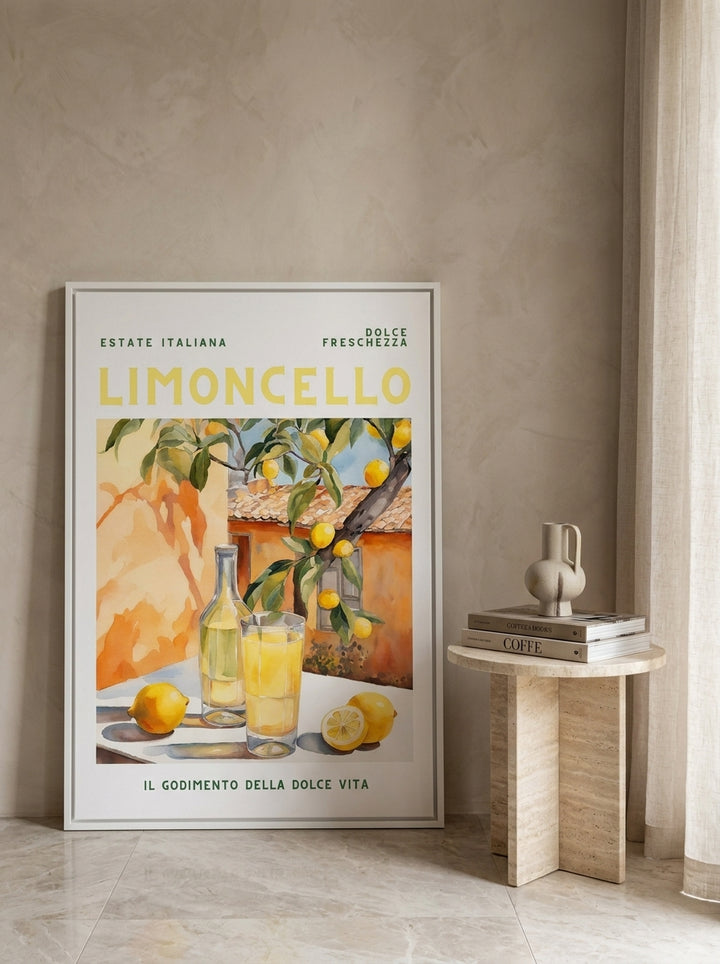 Canvas wall art with a white surround leaning against the wall in a luxe kitchen
