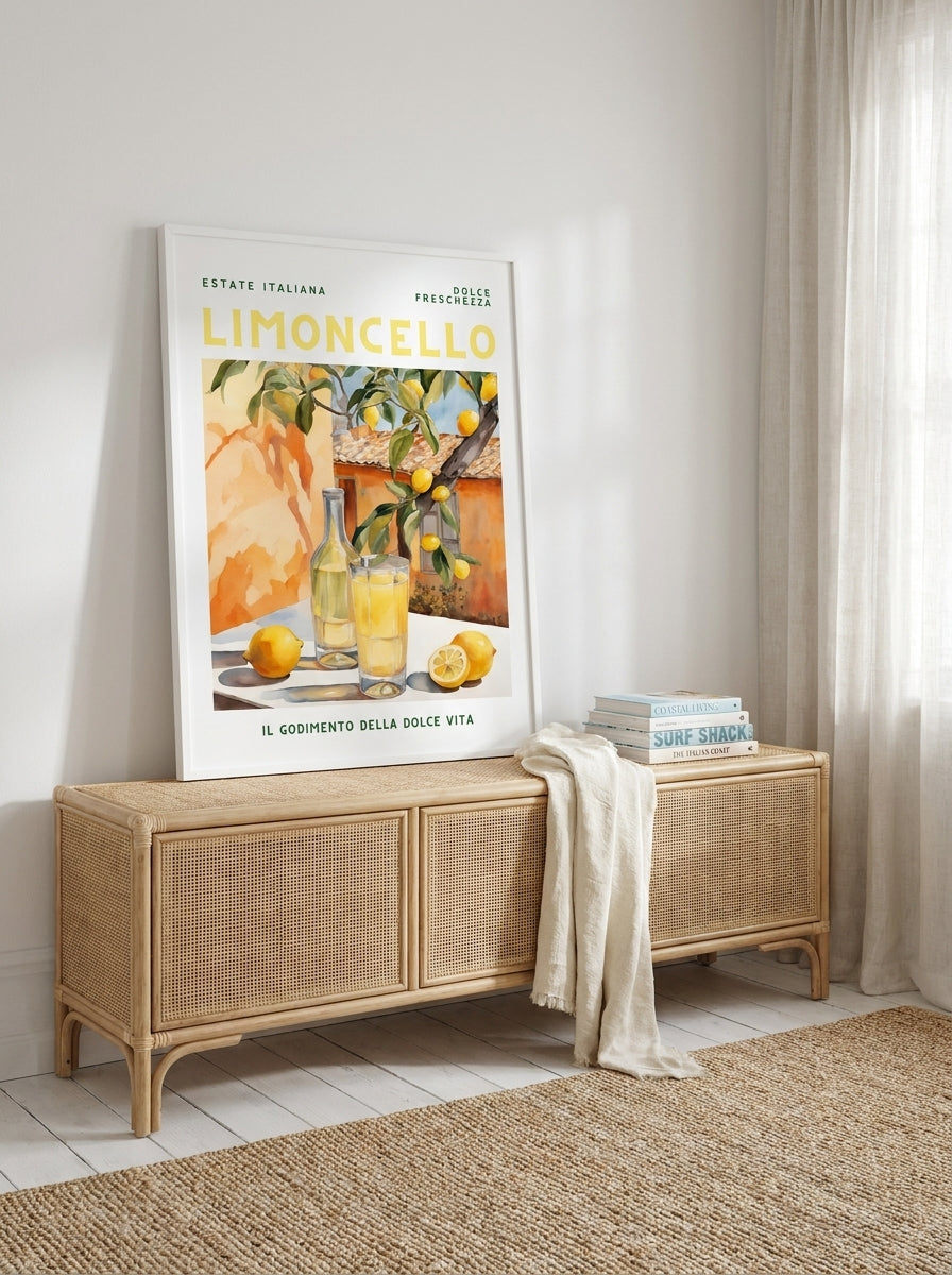Modern wall art print standing on a sideboard in a coastal living room