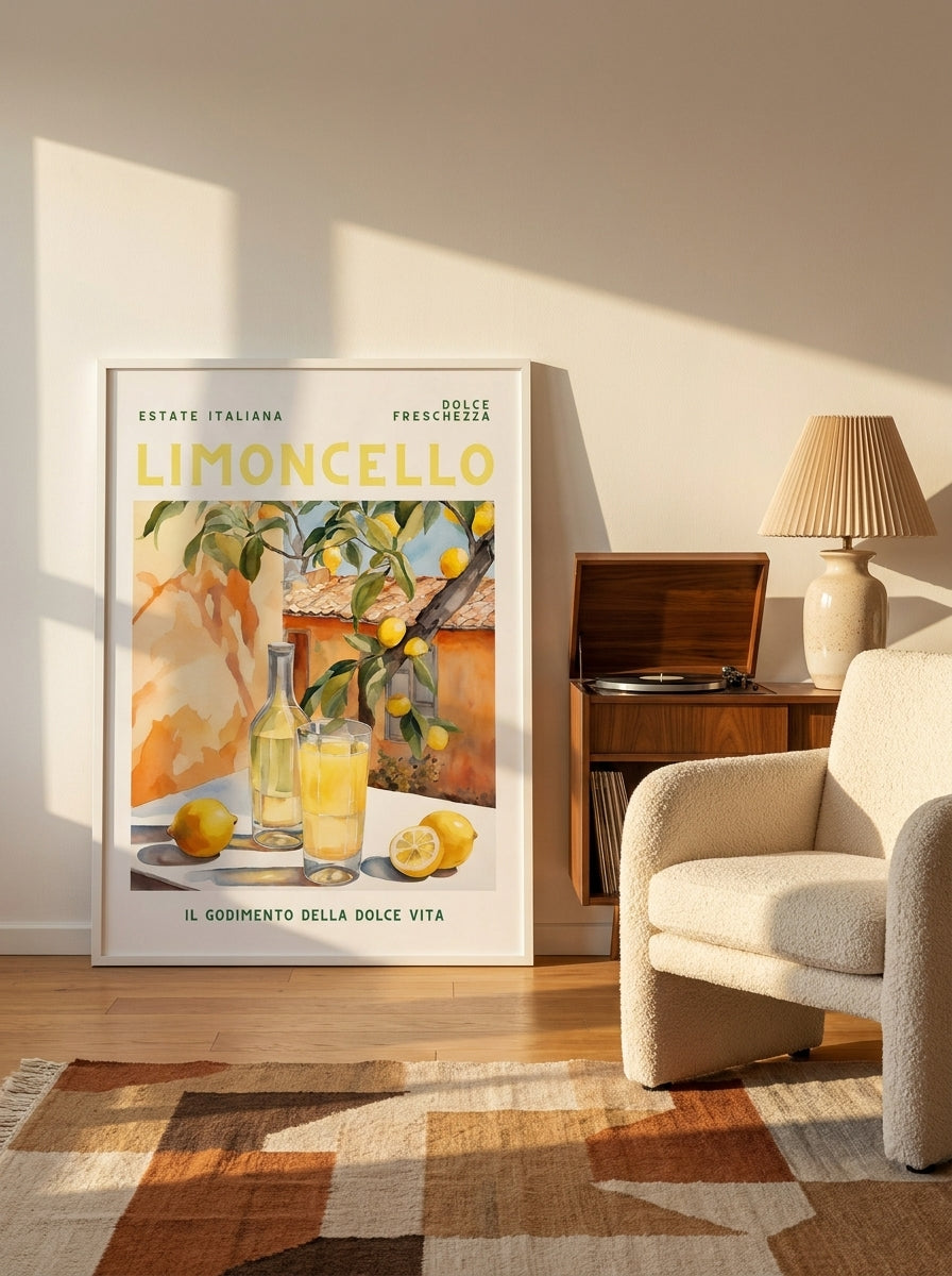Modern wall art print leaning against the wall in a mid-century living room