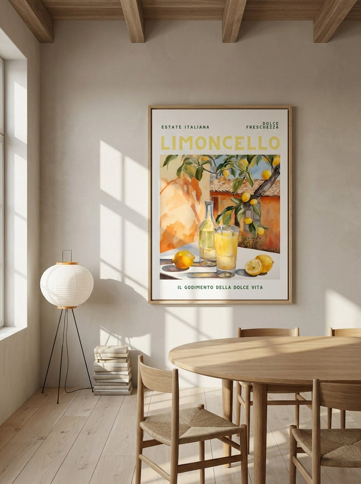 Oversized statement canvas wall art with a natural timber surround styled on the wall in a warm Japandi dining room