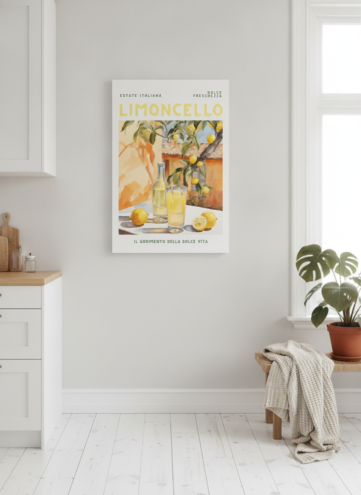 Stretched canvas wall art styled on the wall in a bright Scandinavian kitchen