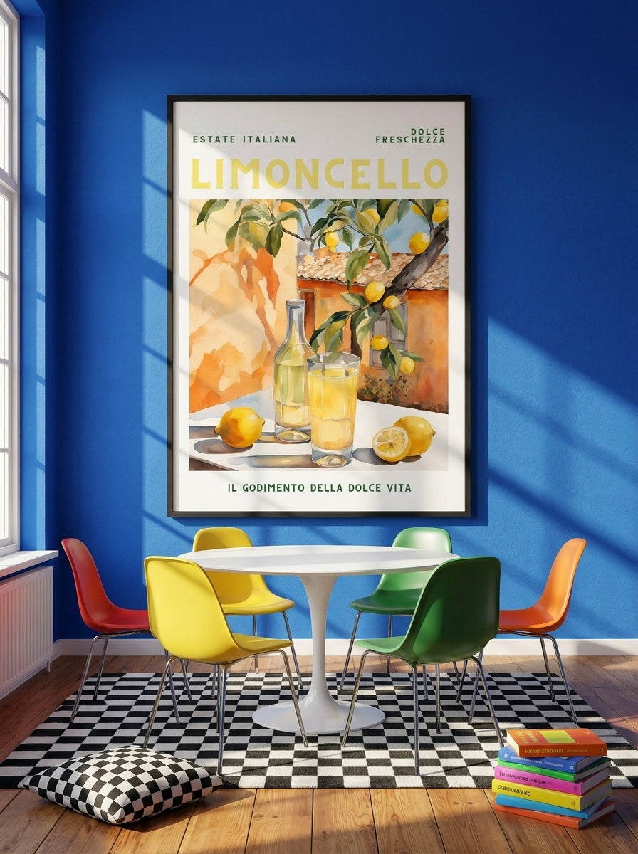 Oversized statement modern wall art print styled on the wall in a colourful eclectic dining room