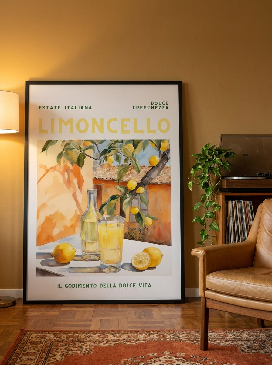 Oversized statement modern wall art print leaning against the wall in a retro 70s dining room