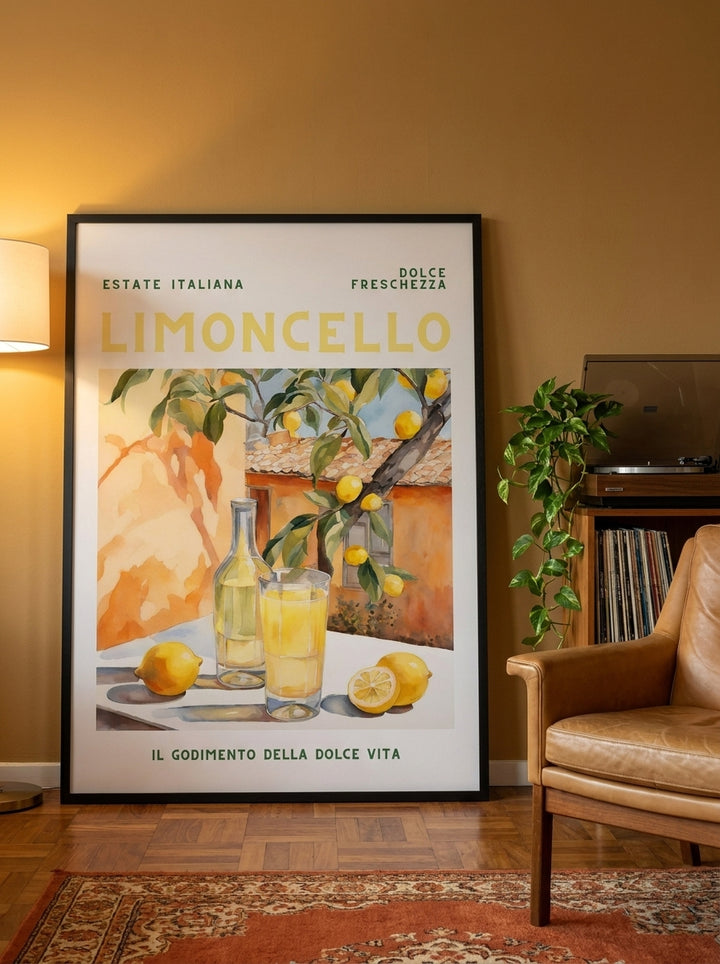 Oversized statement modern wall art print leaning against the wall in a retro 70s dining room