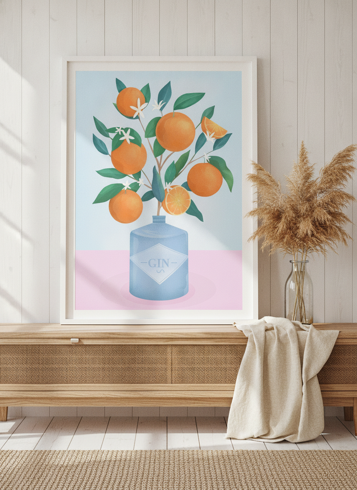 Modern wall art print standing on a sideboard in a coastal living room