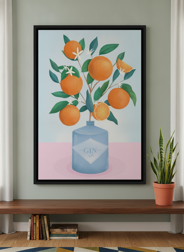 Canvas wall art with a black surround standing on a kitchen bench in a mid-century kitchen