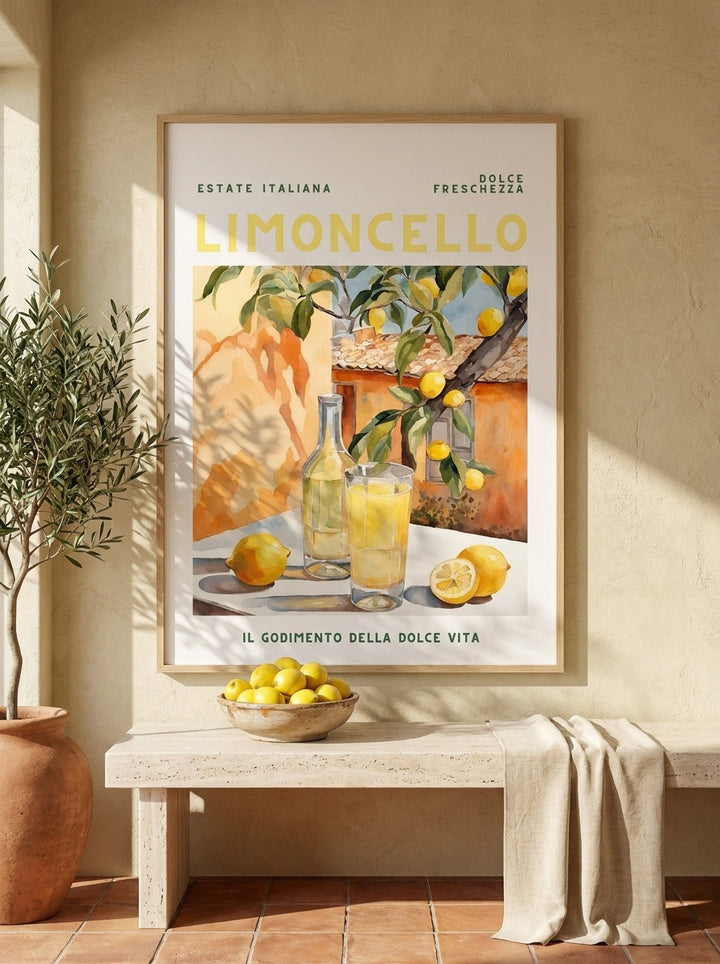 Modern wall art print styled on the wall in a Mediterranean kitchen