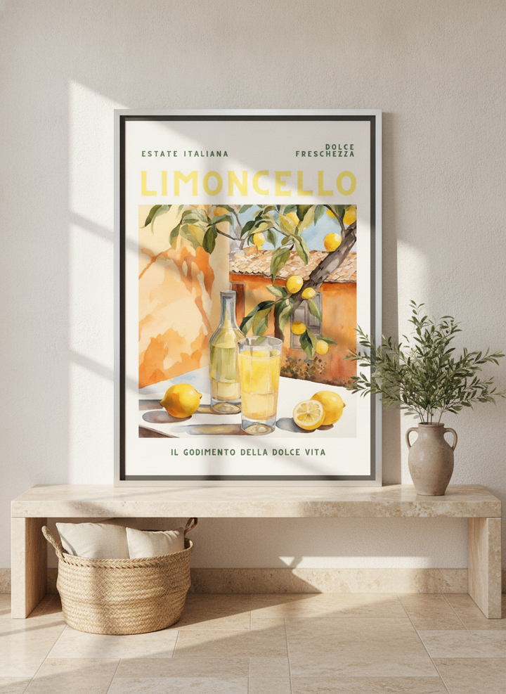 Canvas wall art with a silver leaf surround standing on a console in a Mediterranean living room