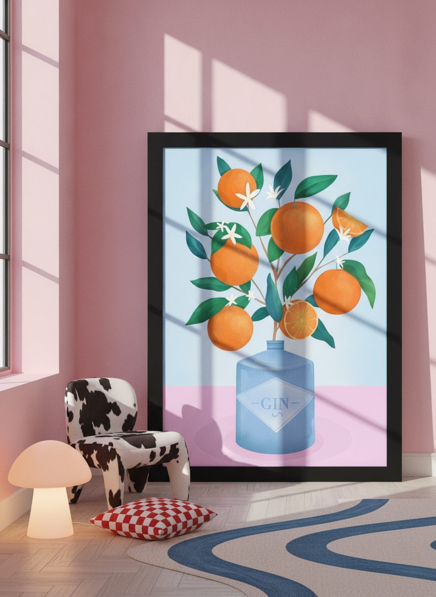 Oversized statement modern wall art print leaning against the wall in a colourful eclectic dining room