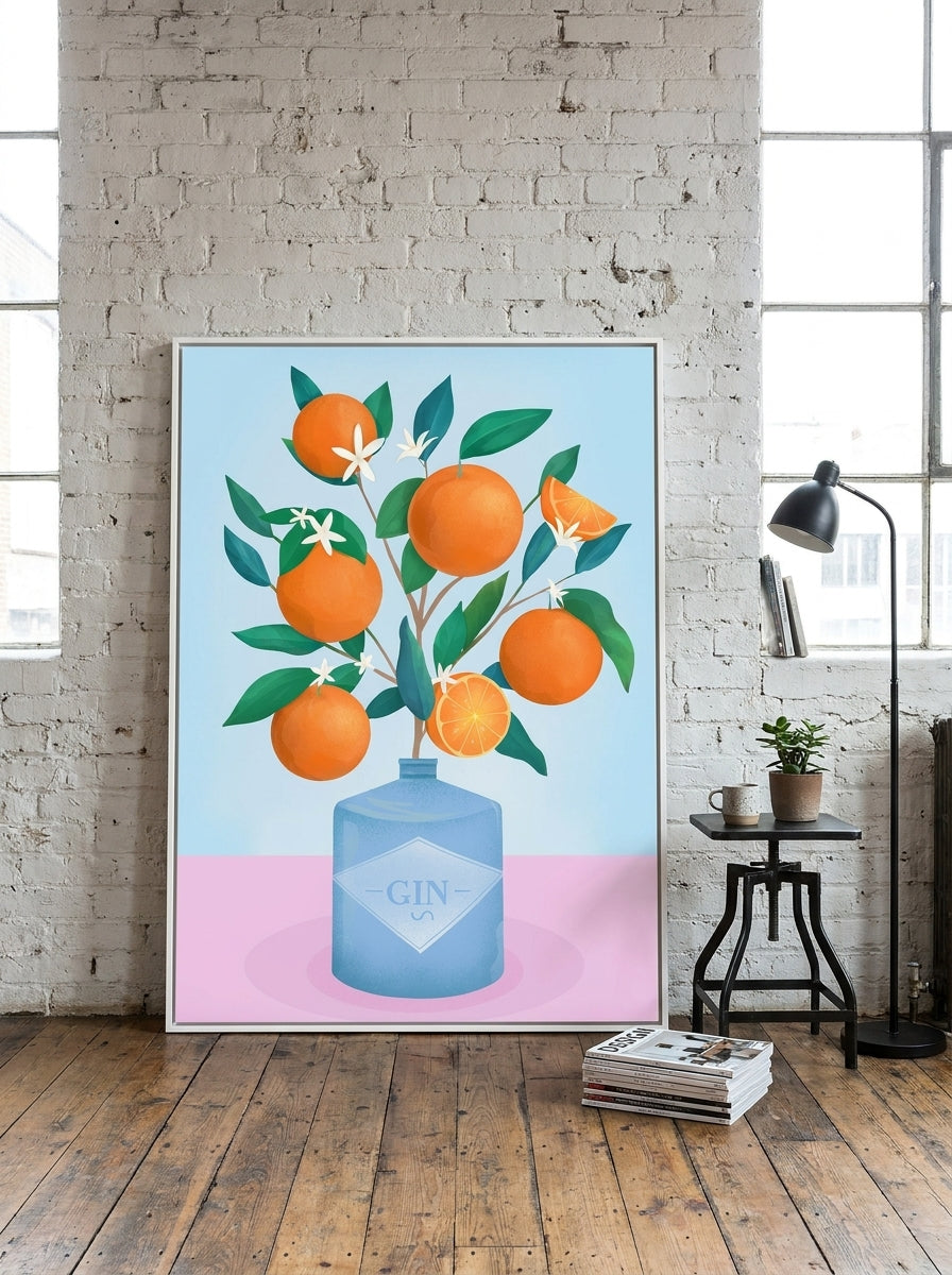 Oversized statement canvas wall art with a white surround leaning against the wall in an industrial loft dining room