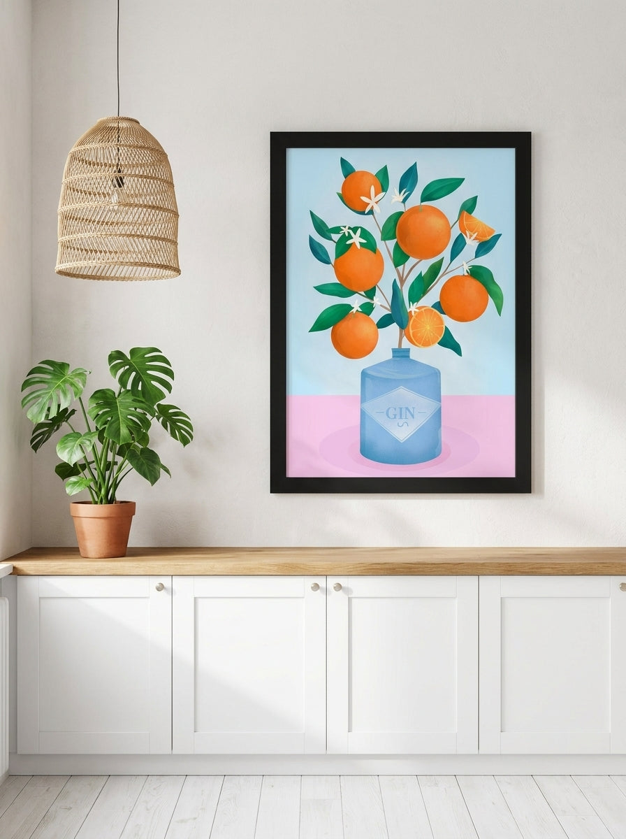 Modern wall art print styled on the wall in a bright Scandinavian kitchen