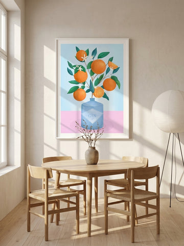 Modern wall art print styled on the wall in a warm Japandi dining room