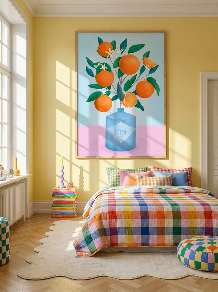 Oversized statement modern wall art print styled on the wall in a colourful eclectic bedroom