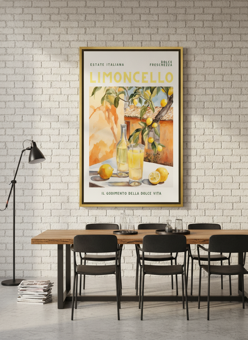 Oversized statement canvas wall art with a gold leaf surround styled on the wall in an industrial loft dining room