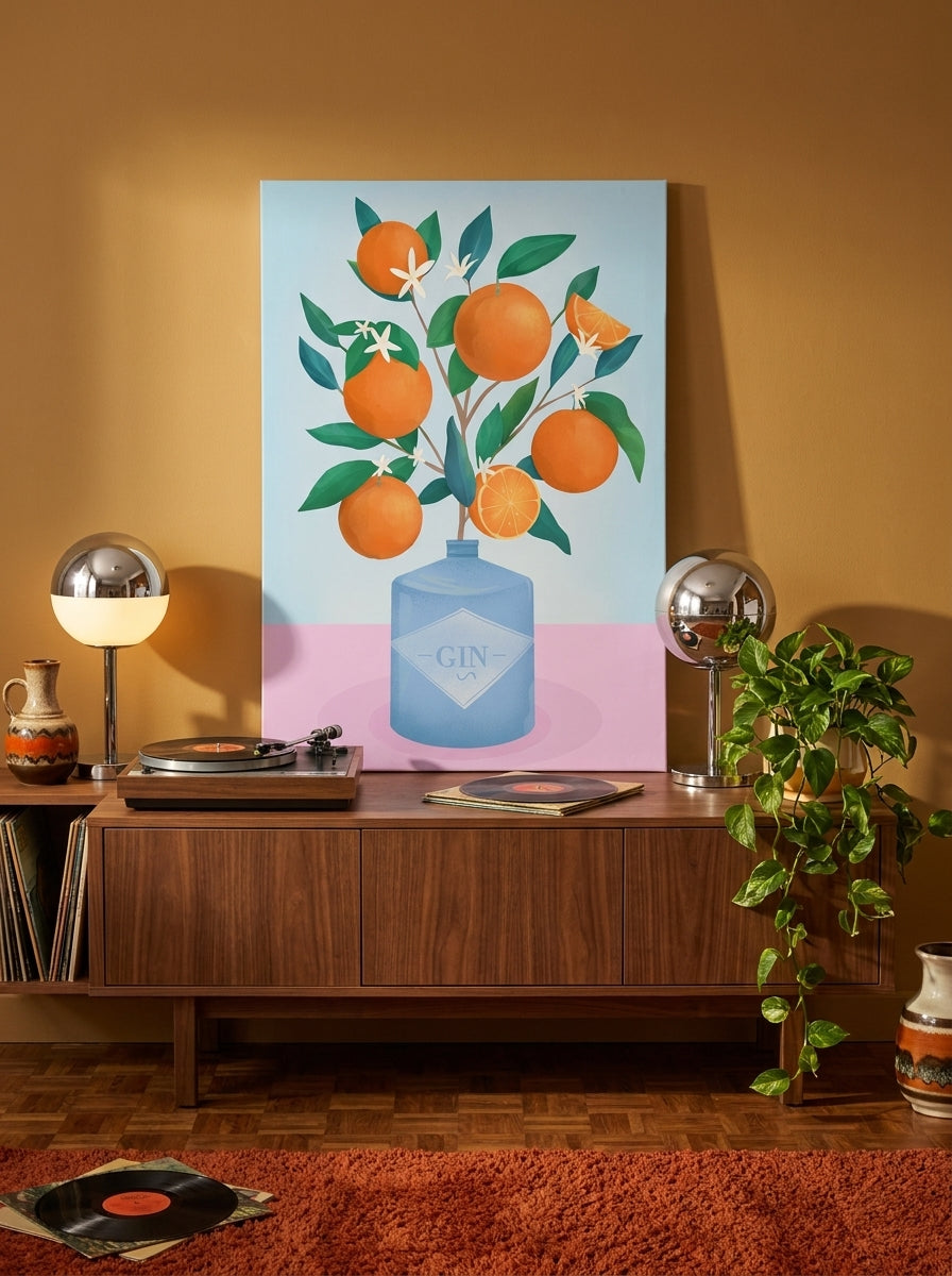 Stretched canvas wall art standing on a sideboard in a retro 70s living room