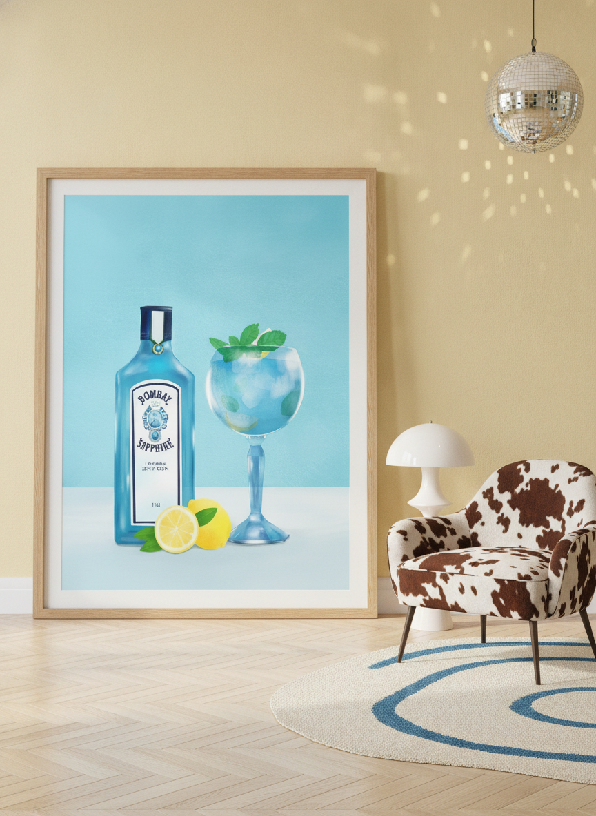 Oversized statement modern wall art print leaning against the wall in a colourful eclectic dining room