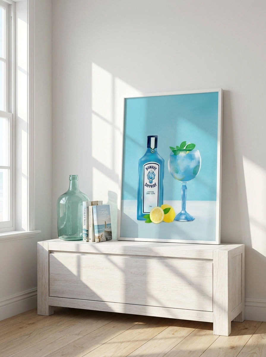Modern wall art print standing on a console in a coastal living room