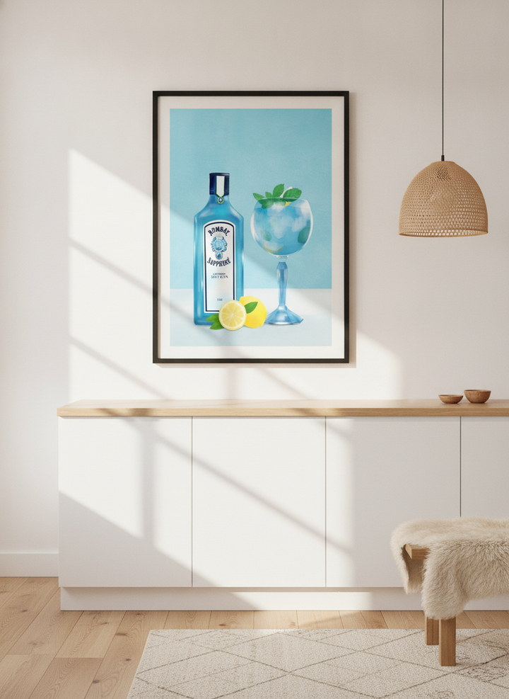 Modern wall art print styled on the wall in a bright Scandinavian kitchen