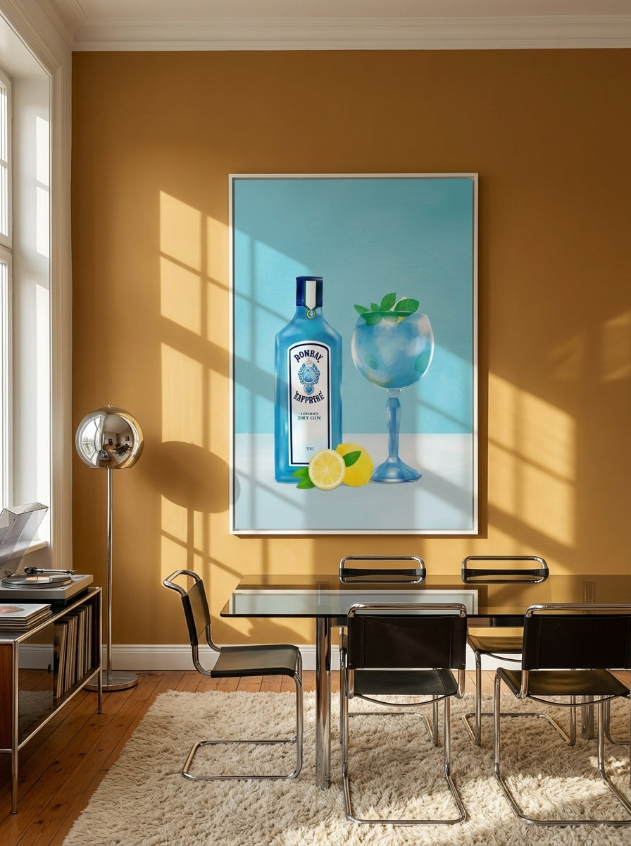 Oversized statement canvas wall art with a white surround styled on the wall in a retro 70s dining room