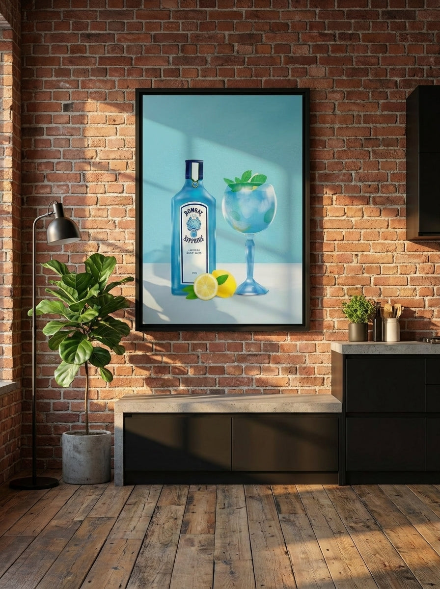 Canvas wall art with a black surround styled on the wall in an industrial loft kitchen