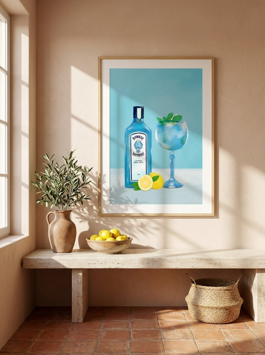 Modern wall art print styled on the wall in a Mediterranean kitchen