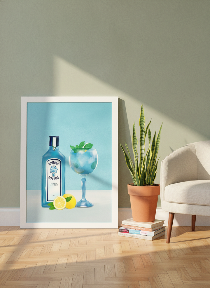 Modern wall art print leaning against the wall in a mid-century dining room