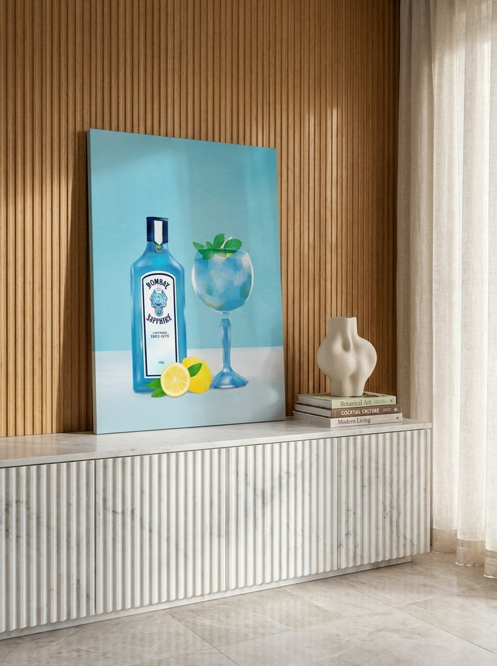 Stretched canvas wall art standing on a sideboard in a luxe living room