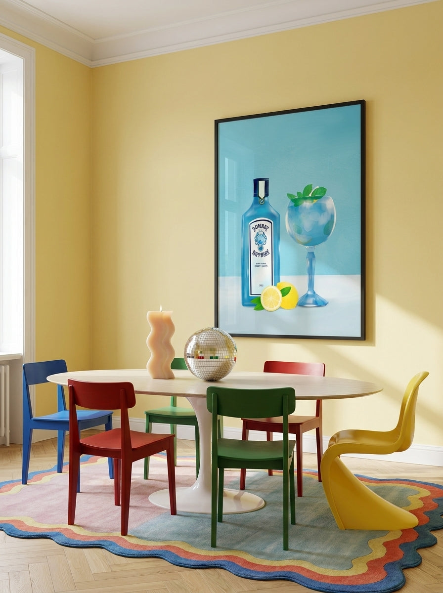 Oversized statement modern wall art print styled on the wall in a colourful eclectic dining room