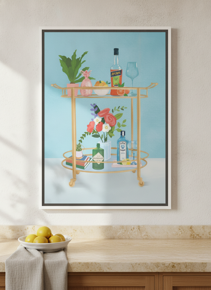 Canvas wall art with a white surround styled on the wall in a Mediterranean kitchen