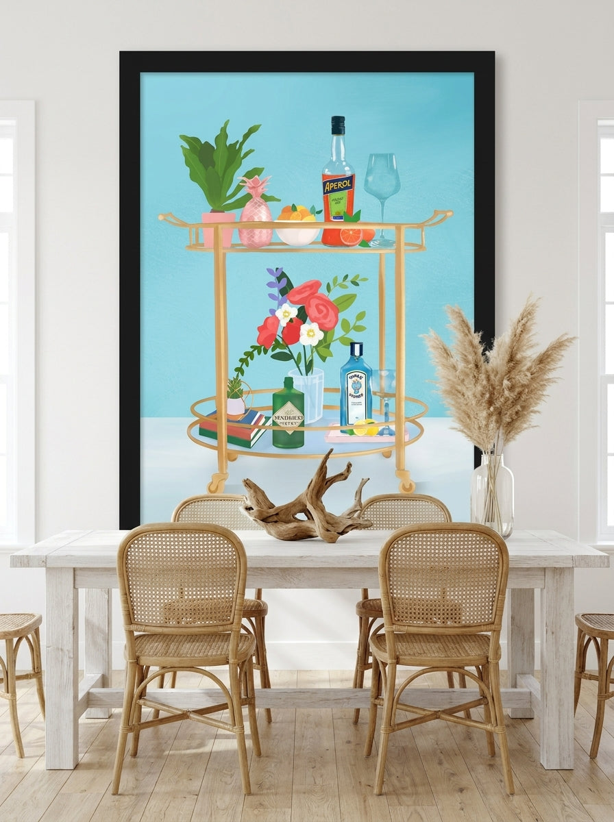 Oversized statement modern wall art print styled on the wall in a coastal dining room