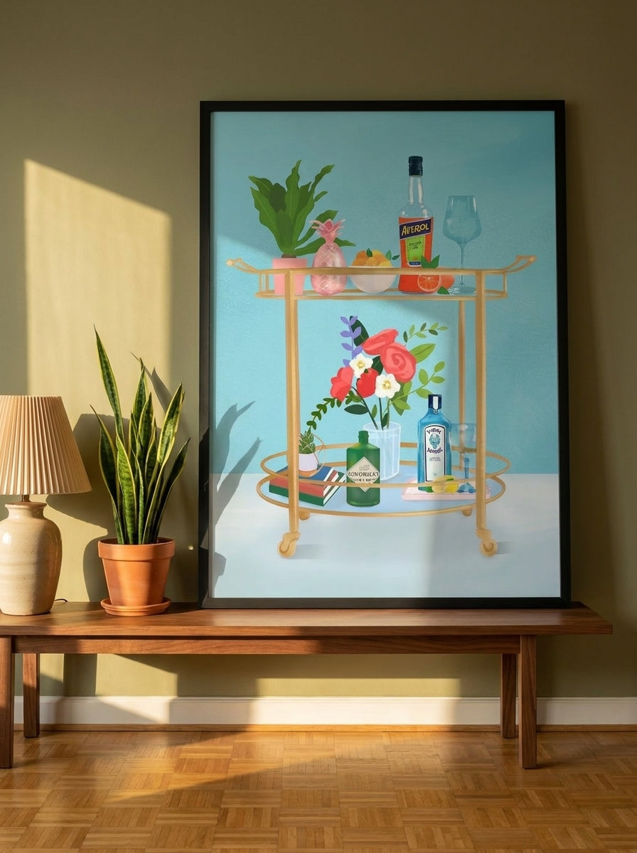 Modern wall art print standing on a kitchen bench in a mid-century kitchen
