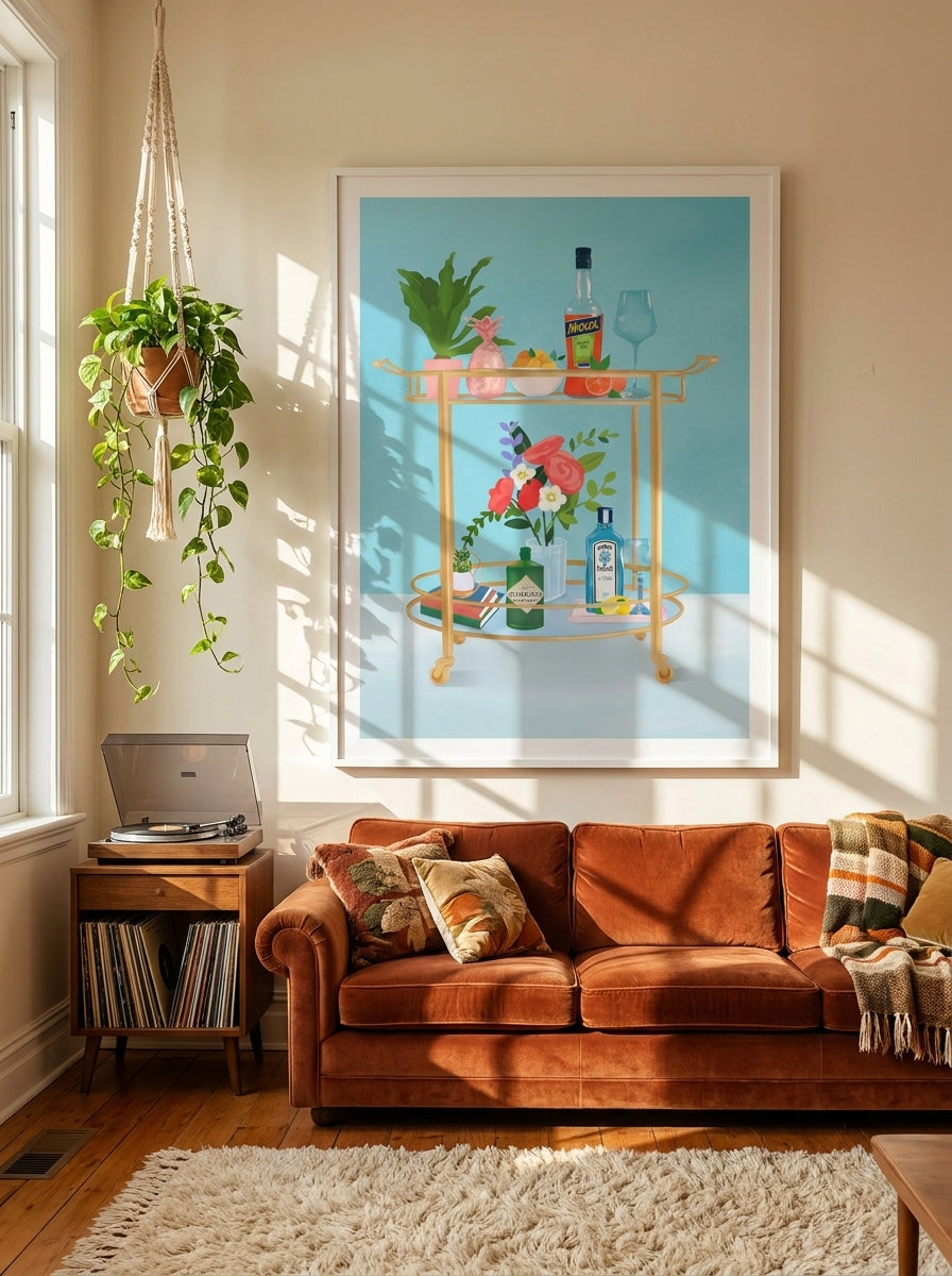 Oversized statement modern wall art print styled on the wall in a retro 70s living room