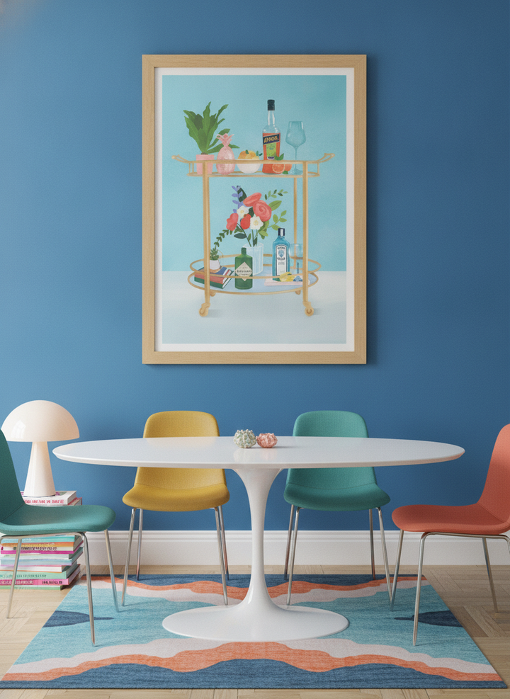 Modern wall art print styled on the wall in a colourful eclectic dining room