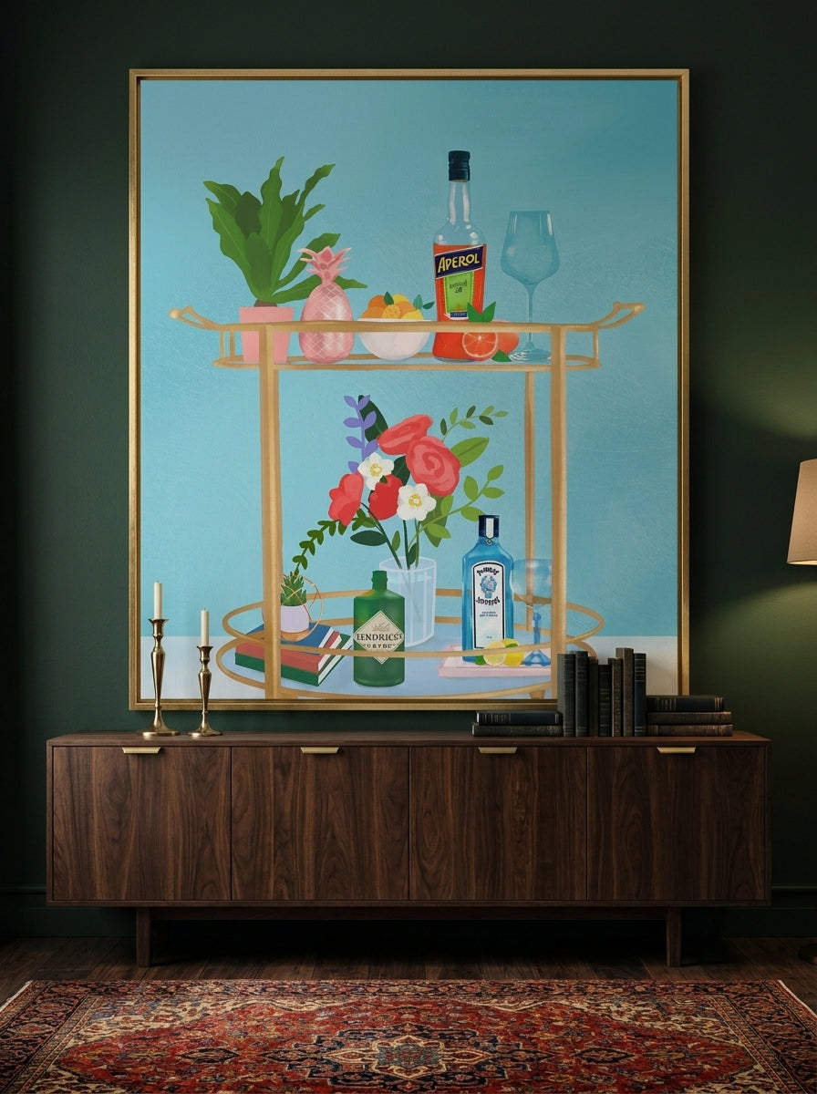 Oversized statement canvas wall art with a gold leaf surround styled on the wall in a moody living room