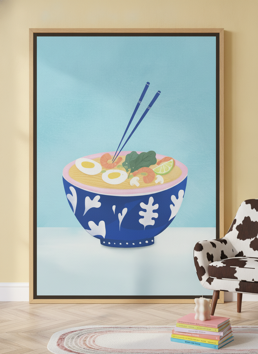 Oversized statement canvas wall art with a natural timber surround leaning against the wall in a colourful eclectic living room