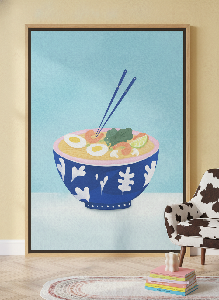 Oversized statement canvas wall art with a natural timber surround leaning against the wall in a colourful eclectic living room