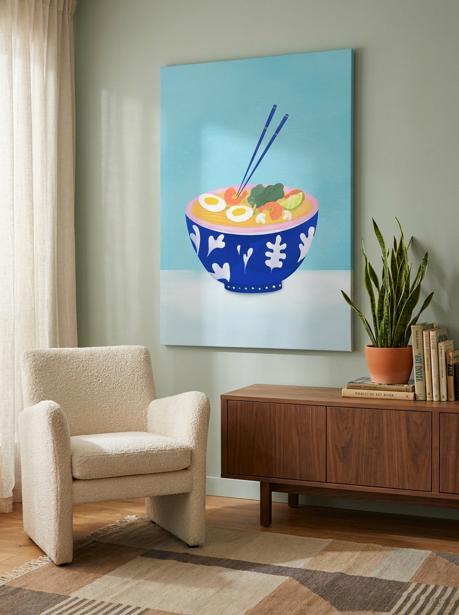 Stretched canvas wall art styled on the wall in a mid-century living room