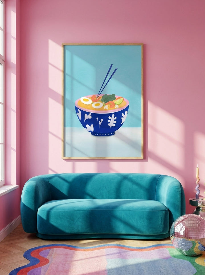 Oversized statement modern wall art print styled on the wall in a colourful eclectic living room
