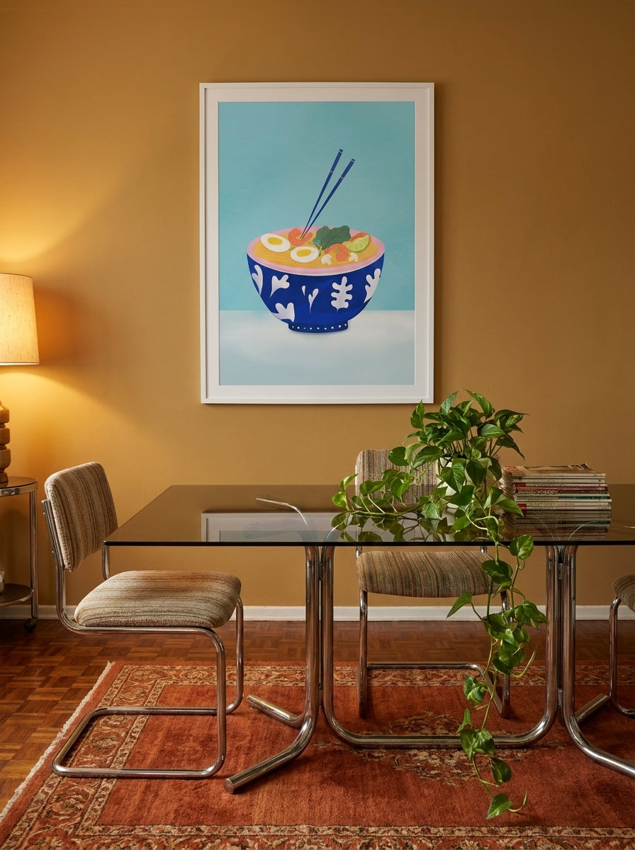 Modern wall art print styled on the wall in a retro 70s dining room