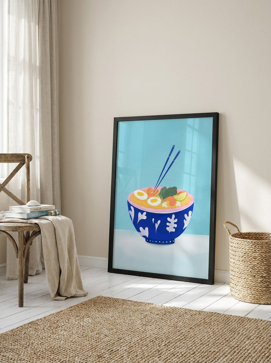 Modern wall art print leaning against the wall in a coastal kitchen