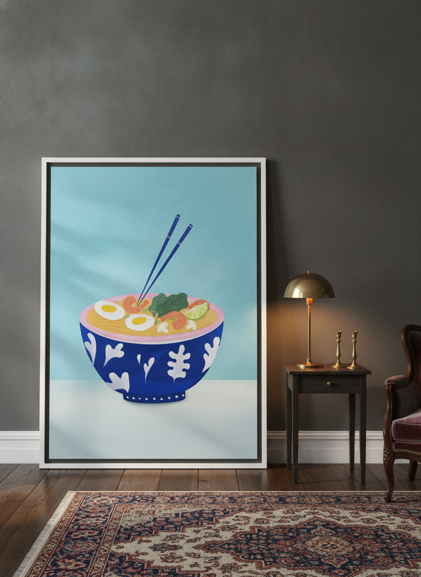 Oversized statement canvas wall art with a white surround leaning against the wall in a moody dining room