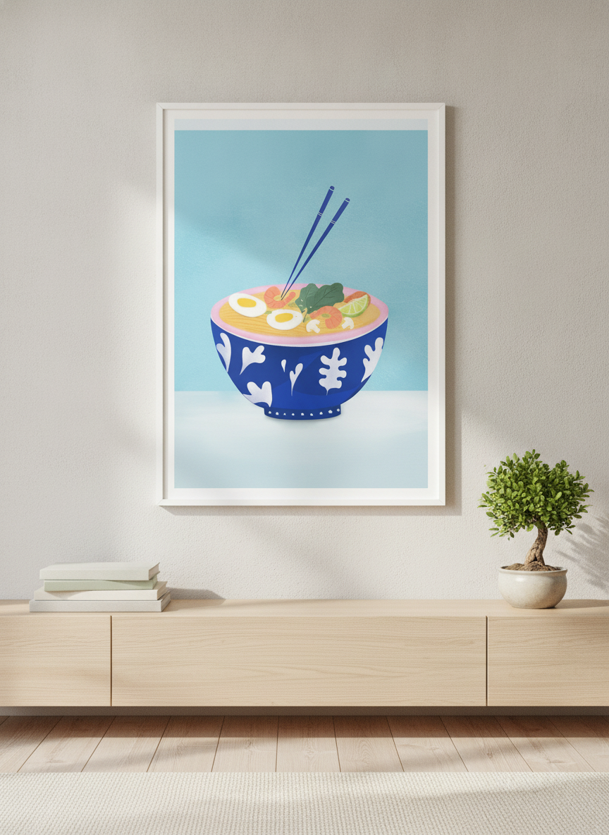 Modern wall art print styled on the wall in a warm Japandi living room