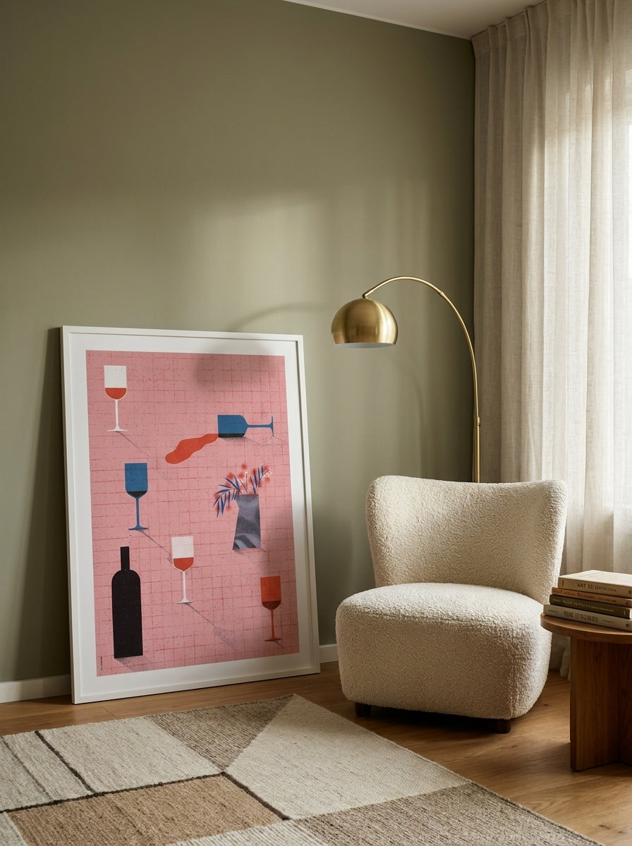 Oversized statement modern wall art print leaning against the wall in a mid-century living room