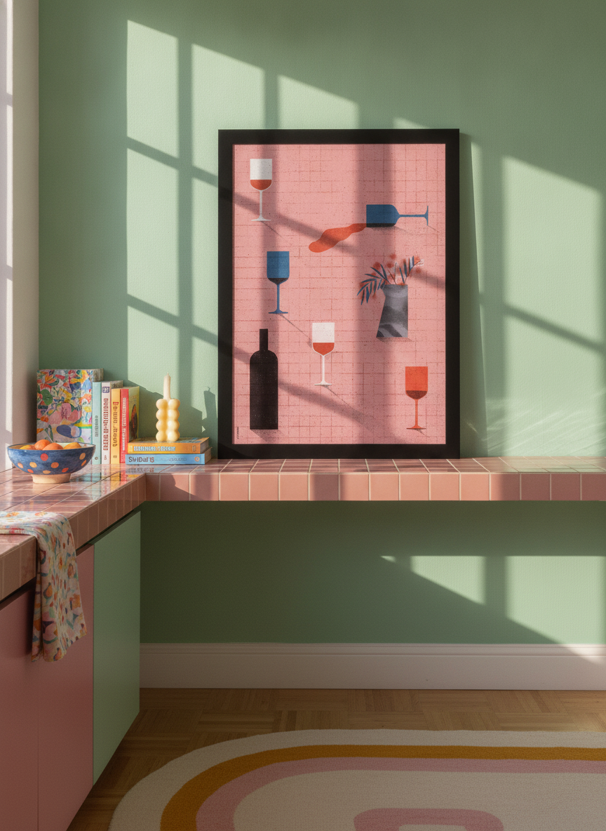 Modern wall art print standing on a kitchen bench in a colourful eclectic kitchen