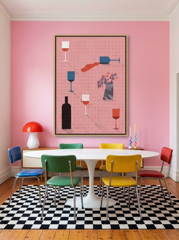 Oversized statement canvas wall art with a natural timber surround styled on the wall in a colourful eclectic dining room