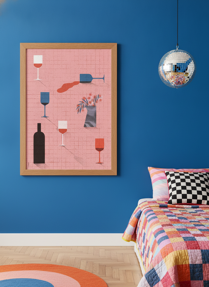 Modern wall art print styled on the wall in a colourful eclectic bedroom