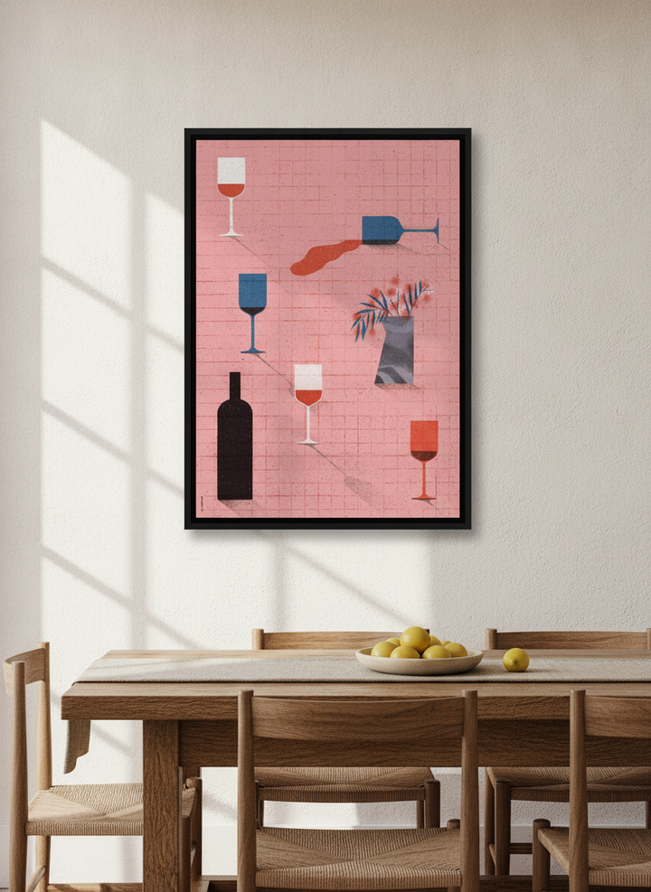 Canvas wall art with a black surround styled on the wall in a Mediterranean dining room