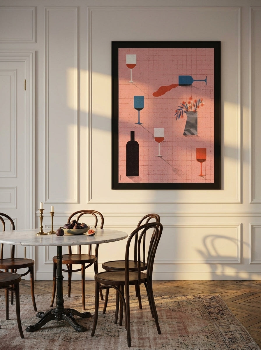 Oversized statement modern wall art print styled on the wall in a Parisian dining room