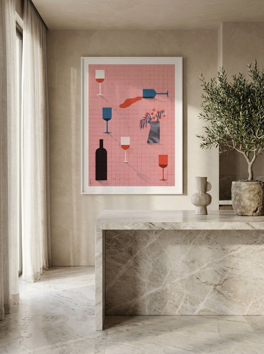 Modern wall art print styled on the wall in a luxe kitchen