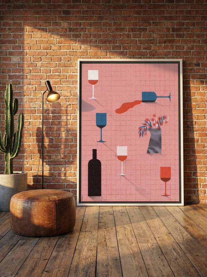 Canvas wall art with a white surround leaning against the wall in an industrial loft kitchen